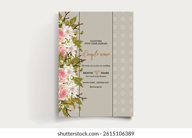 WEDDING INVITATION FRAME WITH FLOWER DECORATIONS AND FRESH LEAVES