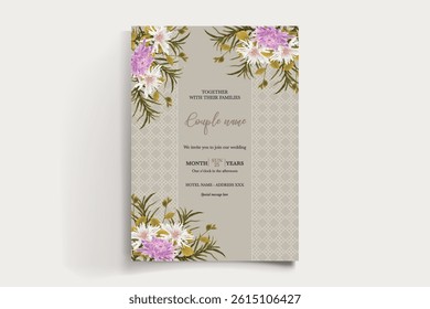 WEDDING INVITATION FRAME WITH FLOWER DECORATIONS AND FRESH LEAVES