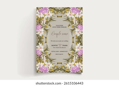 WEDDING INVITATION FRAME WITH FLOWER DECORATIONS AND FRESH LEAVES