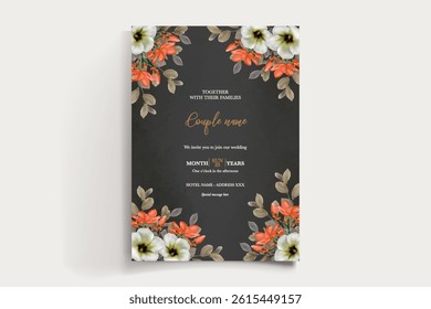 WEDDING INVITATION FRAME WITH FLOWER DECORATIONS AND FRESH LEAVES