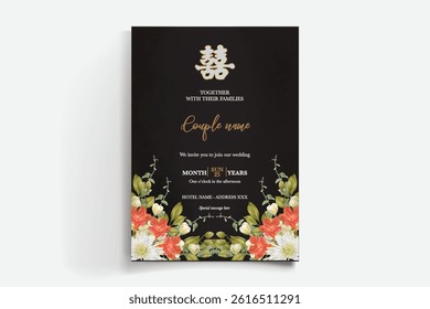 WEDDING INVITATION FRAME WITH FLOWER DECORATIONS AND FRESH LEAVES