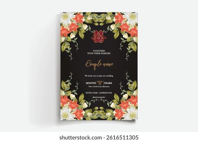 WEDDING INVITATION FRAME WITH FLOWER DECORATIONS AND FRESH LEAVES