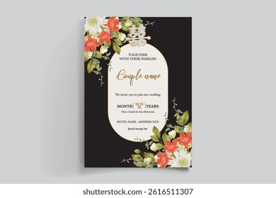 WEDDING INVITATION FRAME WITH FLOWER DECORATIONS AND FRESH LEAVES