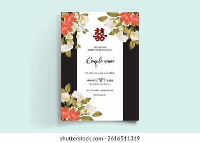 WEDDING INVITATION FRAME WITH FLOWER DECORATIONS AND FRESH LEAVES
