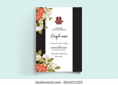 WEDDING INVITATION FRAME WITH FLOWER DECORATIONS AND FRESH LEAVES