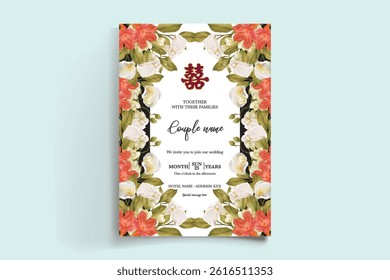 WEDDING INVITATION FRAME WITH FLOWER DECORATIONS AND FRESH LEAVES