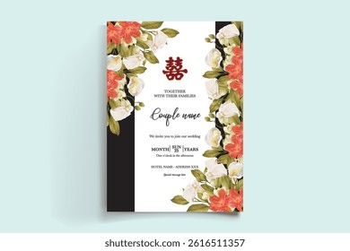 WEDDING INVITATION FRAME WITH FLOWER DECORATIONS AND FRESH LEAVES