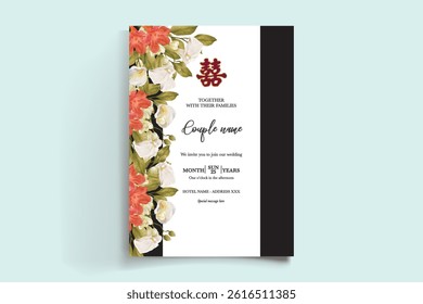 WEDDING INVITATION FRAME WITH FLOWER DECORATIONS AND FRESH LEAVES