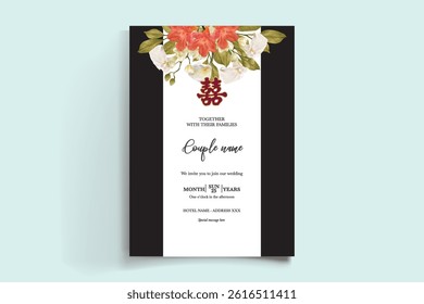 WEDDING INVITATION FRAME WITH FLOWER DECORATIONS AND FRESH LEAVES