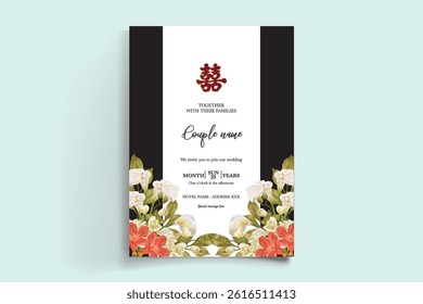 WEDDING INVITATION FRAME WITH FLOWER DECORATIONS AND FRESH LEAVES