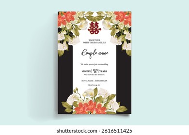 WEDDING INVITATION FRAME WITH FLOWER DECORATIONS AND FRESH LEAVES