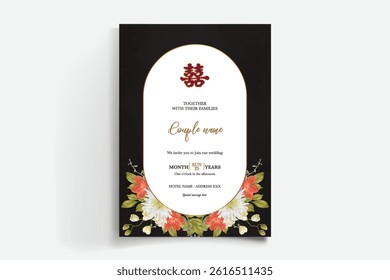 WEDDING INVITATION FRAME WITH FLOWER DECORATIONS AND FRESH LEAVES