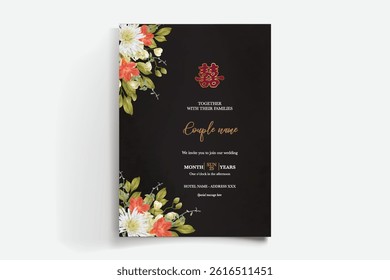 WEDDING INVITATION FRAME WITH FLOWER DECORATIONS AND FRESH LEAVES