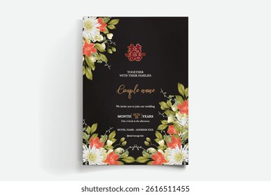 WEDDING INVITATION FRAME WITH FLOWER DECORATIONS AND FRESH LEAVES