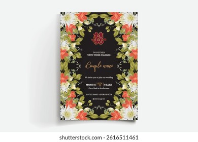WEDDING INVITATION FRAME WITH FLOWER DECORATIONS AND FRESH LEAVES