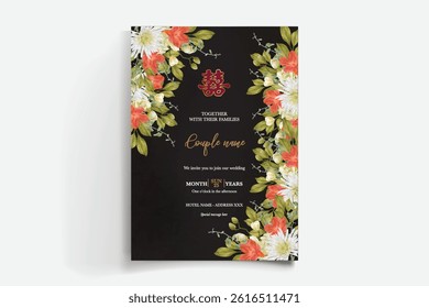 WEDDING INVITATION FRAME WITH FLOWER DECORATIONS AND FRESH LEAVES