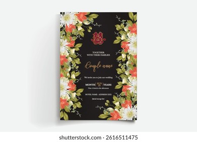 WEDDING INVITATION FRAME WITH FLOWER DECORATIONS AND FRESH LEAVES