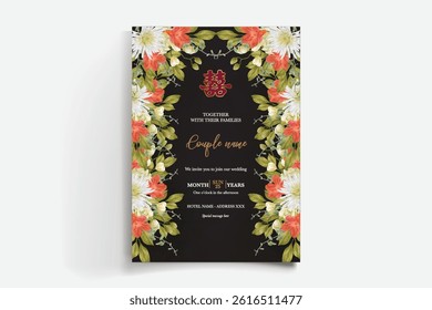 WEDDING INVITATION FRAME WITH FLOWER DECORATIONS AND FRESH LEAVES