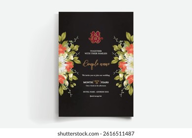 WEDDING INVITATION FRAME WITH FLOWER DECORATIONS AND FRESH LEAVES