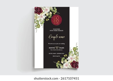 WEDDING INVITATION FRAME WITH FLOWER DECORATIONS AND FRESH LEAVES