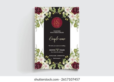 WEDDING INVITATION FRAME WITH FLOWER DECORATIONS AND FRESH LEAVES