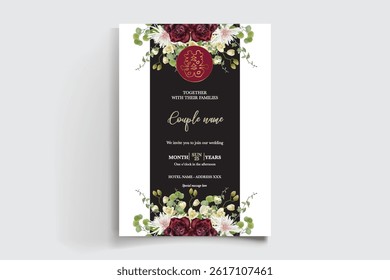 WEDDING INVITATION FRAME WITH FLOWER DECORATIONS AND FRESH LEAVES