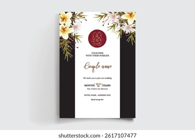 WEDDING INVITATION FRAME WITH FLOWER DECORATIONS AND FRESH LEAVES
