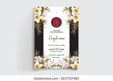 WEDDING INVITATION FRAME WITH FLOWER DECORATIONS AND FRESH LEAVES