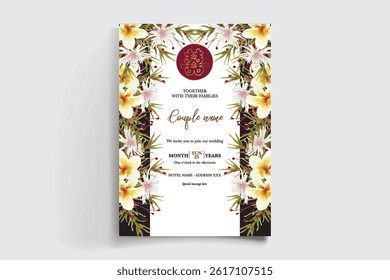 WEDDING INVITATION FRAME WITH FLOWER DECORATIONS AND FRESH LEAVES