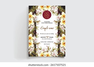 WEDDING INVITATION FRAME WITH FLOWER DECORATIONS AND FRESH LEAVES