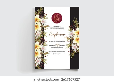 WEDDING INVITATION FRAME WITH FLOWER DECORATIONS AND FRESH LEAVES