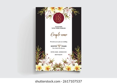 WEDDING INVITATION FRAME WITH FLOWER DECORATIONS AND FRESH LEAVES