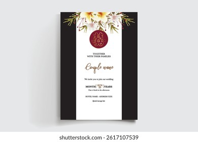 WEDDING INVITATION FRAME WITH FLOWER DECORATIONS AND FRESH LEAVES