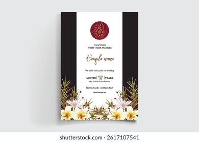 WEDDING INVITATION FRAME WITH FLOWER DECORATIONS AND FRESH LEAVES