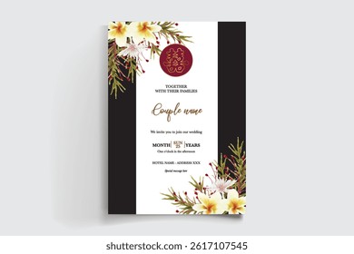 WEDDING INVITATION FRAME WITH FLOWER DECORATIONS AND FRESH LEAVES