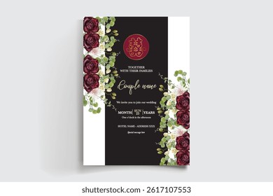 WEDDING INVITATION FRAME WITH FLOWER DECORATIONS AND FRESH LEAVES
