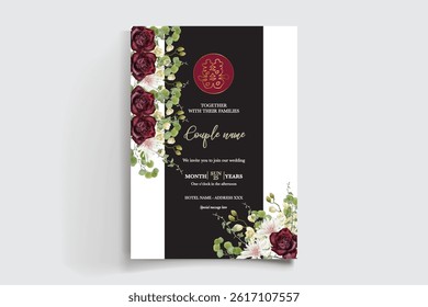 WEDDING INVITATION FRAME WITH FLOWER DECORATIONS AND FRESH LEAVES