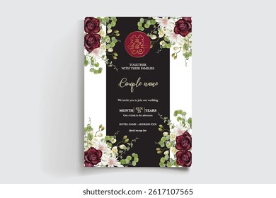 WEDDING INVITATION FRAME WITH FLOWER DECORATIONS AND FRESH LEAVES