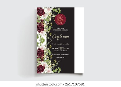WEDDING INVITATION FRAME WITH FLOWER DECORATIONS AND FRESH LEAVES