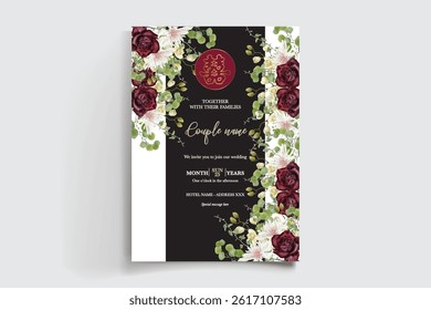 WEDDING INVITATION FRAME WITH FLOWER DECORATIONS AND FRESH LEAVES