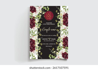 WEDDING INVITATION FRAME WITH FLOWER DECORATIONS AND FRESH LEAVES