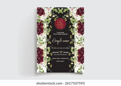 WEDDING INVITATION FRAME WITH FLOWER DECORATIONS AND FRESH LEAVES