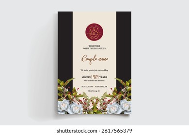 WEDDING INVITATION FRAME WITH FLOWER DECORATIONS AND FRESH LEAVES