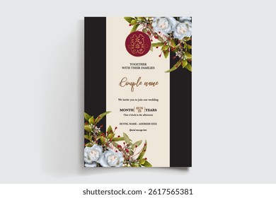 WEDDING INVITATION FRAME WITH FLOWER DECORATIONS AND FRESH LEAVES