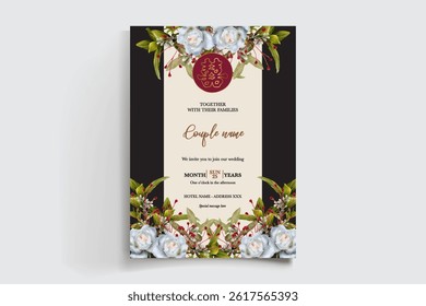 WEDDING INVITATION FRAME WITH FLOWER DECORATIONS AND FRESH LEAVES