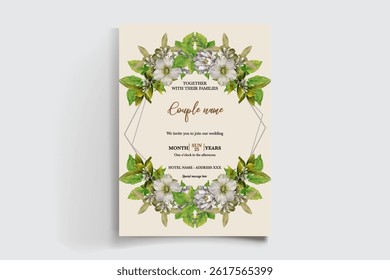 WEDDING INVITATION FRAME WITH FLOWER DECORATIONS AND FRESH LEAVES