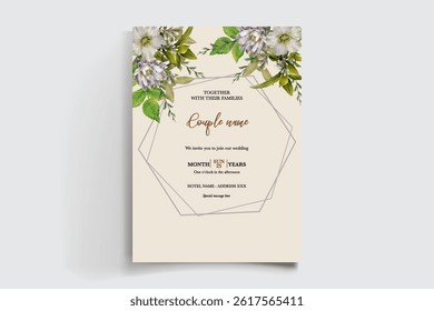 WEDDING INVITATION FRAME WITH FLOWER DECORATIONS AND FRESH LEAVES