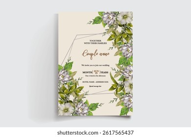 WEDDING INVITATION FRAME WITH FLOWER DECORATIONS AND FRESH LEAVES