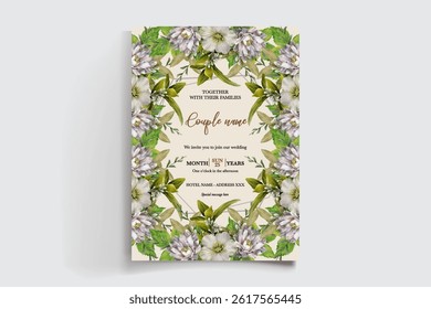 WEDDING INVITATION FRAME WITH FLOWER DECORATIONS AND FRESH LEAVES