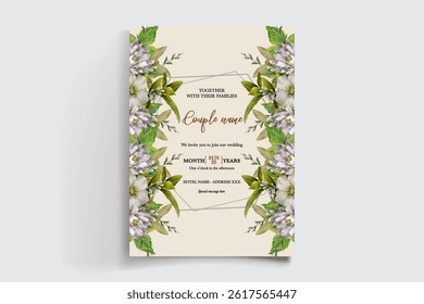 WEDDING INVITATION FRAME WITH FLOWER DECORATIONS AND FRESH LEAVES